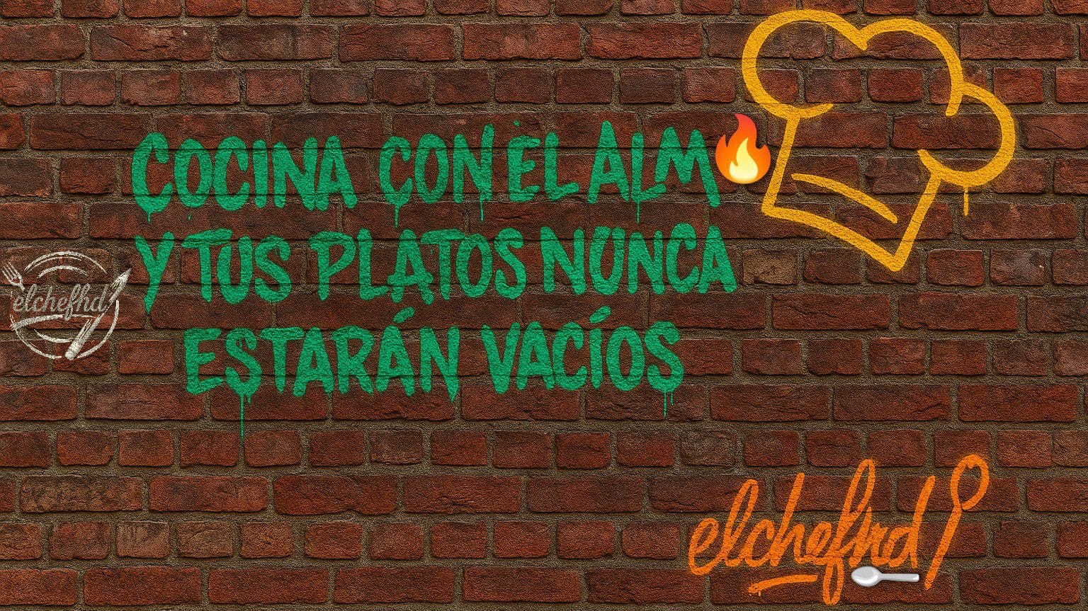 Mural de ladrillos con grafiti “Cocina con el alma” del recetario visual elchefhd Verano 2025