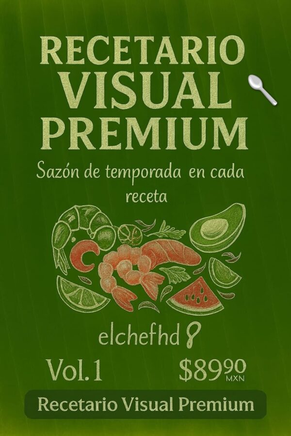 Portada verde del Recetario Visual Premium con ilustraciones de ingredientes frescos y diseño veraniego.