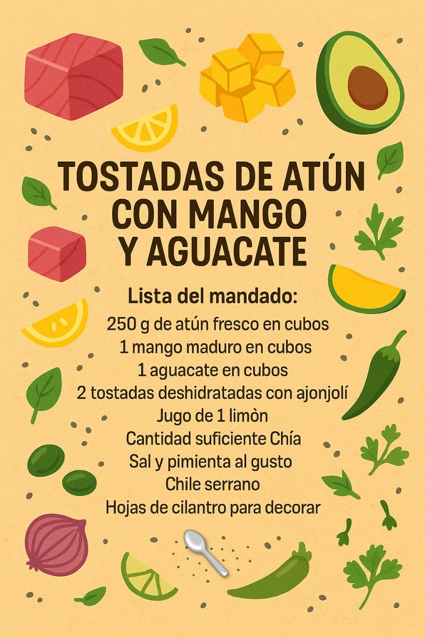 Tarjeta visual de la receta Tostadas de Atún con Mango y Aguacate con lista de ingredientes ilustrados.